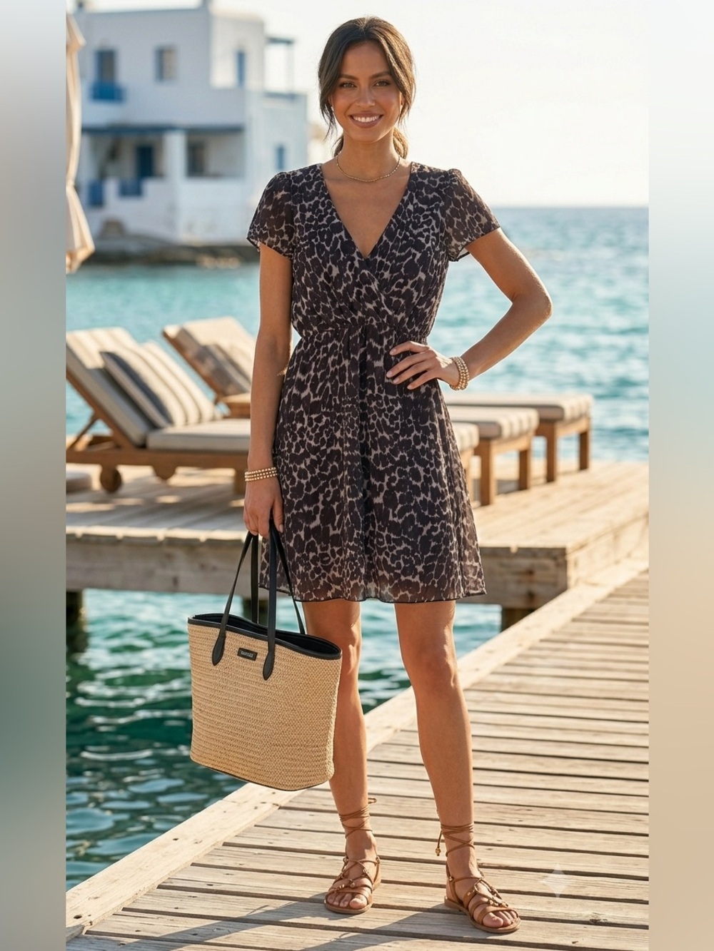 Black & Cream Animal Print Faux-Wrap Midi Dress Size S Summer Event